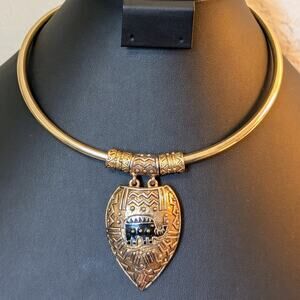 Gold Tone Indian Elephant Torque Pendant Collar Necklace